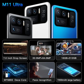 Globalna Različica 7.0 Palčni M11 Ultra Prepoznavanje obrazov Pametni telefon z Dvojno SIM v 16GB+512GB 7200mAh Omrežja Telefon 4G 5G Android11 mobilni telefon 65306