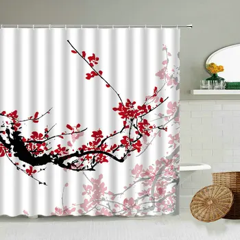 Kitajski Črnilo Slikarstvo Tuš Zavesa Krajine Plum Blossom Cvet Ribe Družine Kopalniške Opreme S Kavljem Nepremočljiva Zaslon