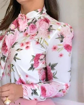 2021 Ženske Priložnostne Jeseni Cvjetnim Tiskanja Long Sleeve Majica Vrhovi za Ženske Oblačila Bluzo Kravato Vratu Elegantna delovna oblačila 67560