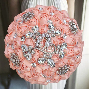 1pc/veliko Coral Pink Ribbon Poročni Šopek Srebro, Diamant Pearl Dekoracija Poročne Poročni Šopek