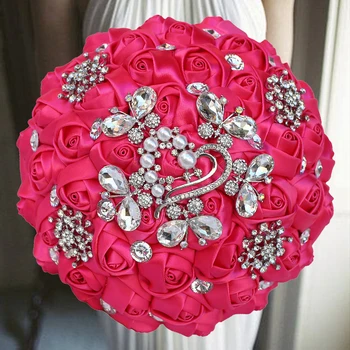 1pc/veliko Coral Pink Ribbon Poročni Šopek Srebro, Diamant Pearl Dekoracija Poročne Poročni Šopek