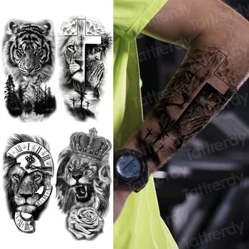 Ponaredek tetovaže zapestnica rokav tiger, lev, kralj živali začasno art tattoo seksi moških fant ženske tattoo nalepke črni 3D body art