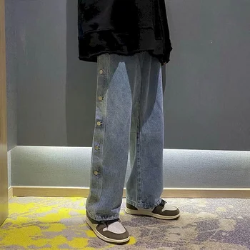 Moške kavbojke Straight Hong Kong slog poletje punk Ulične široko noge hlače korejski trend Gleženj-dolžina hlače letnik hlače unisex