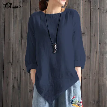 Celmia Ženske Long Sleeve Vintage Perilo Vrhovi 2021 Harajuku Priložnostne Asimetrične Majica Bluzo Trdna Svoboden Blusas S - Vrhovi