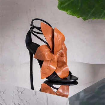 Ženska Peep Toe 3D Listi Cvet Dekor Gleženj S-trakov Stilettos Visoke Pete Slingbacks Sandali, Čevlji za Gladiator Seksi 3Colors