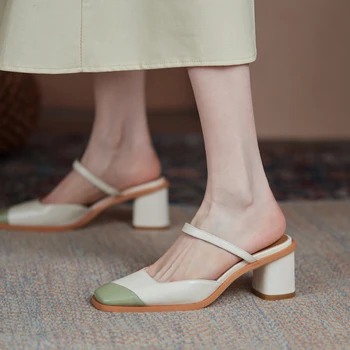 2021 Novo poletje Dame copate naravnega Usnja čevlji 22-24.5 cm Cowhide zgornji Debel in večbarvne šivanje visoko peto sandali
