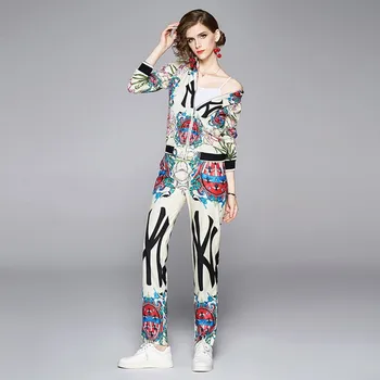 2020 jeseni, pozimi Moda vzletno-pristajalne Steze Vintage Obleko za Ženske 2 Kos Določa Cvjetnim Tiskanja suknjič vrhovi + Žep Poln Hlače Hlače Določa 69756