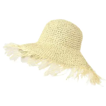 Ženske Poletne Kvačkane Tkanine Slame sončnega Klobuk Resast, Rese Velike Široko Roba UV Zaščito Kekec Packable Plaži Skp