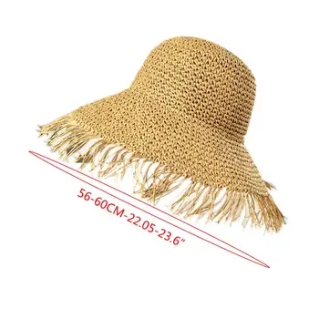 Ženske Poletne Kvačkane Tkanine Slame sončnega Klobuk Resast, Rese Velike Široko Roba UV Zaščito Kekec Packable Plaži Skp
