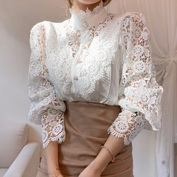 Bele Čipke Iz Votlih Cvet Majice Ženske Korejski Stojalo Dolg Rokav Elegantna Majica Ženska 2021 Spomladi Jeseni Mode Dame, Oblačila