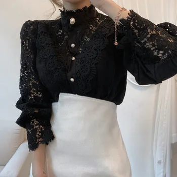 Bele Čipke Iz Votlih Cvet Majice Ženske Korejski Stojalo Dolg Rokav Elegantna Majica Ženska 2021 Spomladi Jeseni Mode Dame, Oblačila