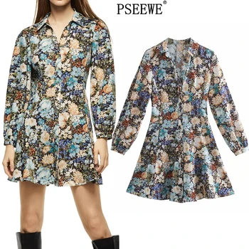 PSEEWE Za 2021 Cvjetnim Natisniti Majico Mini Obleka Ženske Pomladni Vintage Dolg Rokav Obleka Ženska Moda Cottagecore Elegantne Obleke