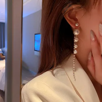 Korejski Novo Beaded Simulirani Biser Dolgo Nosorogovo Tassel Uhani Za Ženske Poroko Uho Nakit Modni Visijo Earings Brincos 7222