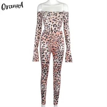 OrangeA ženske off ramenski leopard tiskanja ujemajoče niz dolg rokav bodysuits+dokolenke stretchy dva kosa obleke, modni clubwear