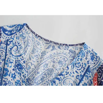 VUWWYV Za 2021 Rokavi Obleka Ženska Blue Print Dolge Obleke, Ženske Letnik Priložnostne Poletje Obleko Ženska Dolg Rokav Stranka Midi Obleke