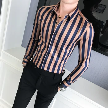 Blagovne znamke oblikovalec moške črtasto majico dolg rokav 2019 moda fancy Camisa Masculina slim poslovni moške socialne maturantski majica