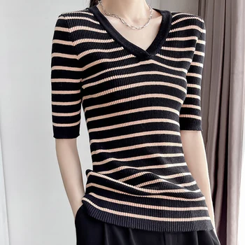 Pomlad poletje tanek pulover proti-vrat pulover ženske, kratek rokav, pletene dno majica volne vrh 75211