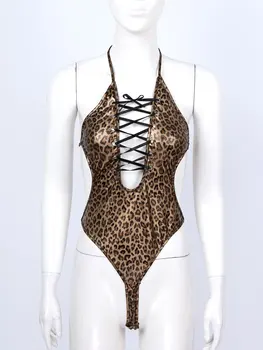 2021 Ženske Leopard Tiskanja Bodysuit Čipke-up Umetno Usnje Seksi Obleka, Povodcem Globoko V Vratu Backless Izrezanka Catsuit Leotard Clubwear
