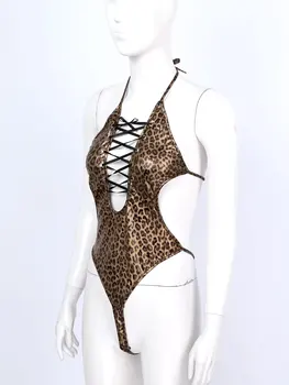 2021 Ženske Leopard Tiskanja Bodysuit Čipke-up Umetno Usnje Seksi Obleka, Povodcem Globoko V Vratu Backless Izrezanka Catsuit Leotard Clubwear