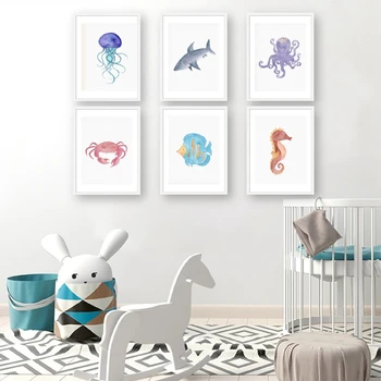 Akvarel Morskega Življenja, Plakatov in Fotografij Hobotnica Seahorse Rakovice Wall Art Platno Slikarstvo Ocean Bitja Sliko Otroci Soba Dekor 76805