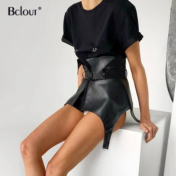 Bclout Priložnostne Black Pu Mozaik Cummerbunds 2021 Ulične Mode Asimetrični Oblačila Trdna Chic Slim Gumb Ženske Poletje