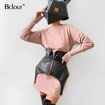 Bclout Priložnostne Black Pu Mozaik Cummerbunds 2021 Ulične Mode Asimetrični Oblačila Trdna Chic Slim Gumb Ženske Poletje