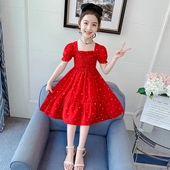 Dekleta Obleke Poletje Kratka sleeved Cvetlični Princesa Rojstni dan Obleko Dekleta, Otroška Oblačila Tanke Luč Rokav Obleka rdeče priložnostne obleko