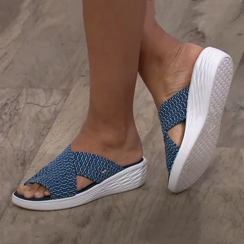 Ženske copate poletni čevlji Platform Sandali Ženske Strani Trdna Udobje Klin Copate Zaprtih Peep Toe Plaži Copate