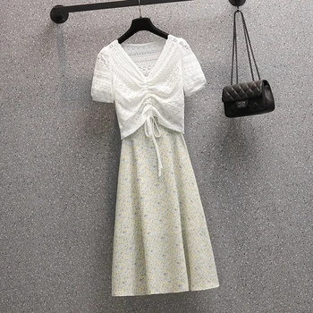 Velika velikost poletje obleko ženskih poletnih novo korejska različica Bohemian cvetlični zanko obleko votlih vrvico vrh obleko, dvodelno, 81303