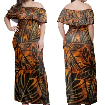 WHEREISART Žensk Stilsko Off Ramenski Oranžni sončni Zahod Polinezijski Plemenski Dolgo Obleko Maxi Večplastna Ruffle Vratu Večer Stranka Robe