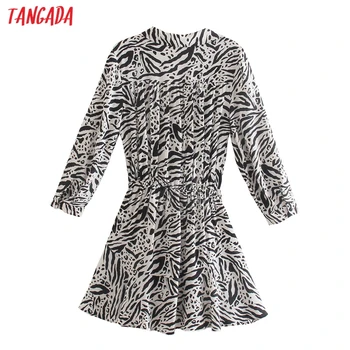Tangada 2021 Moda za Ženske Živali Tiskanja Shirt Obleko z Lokom Letnik Dolg Rokav Dame Mini Obleka 4N49