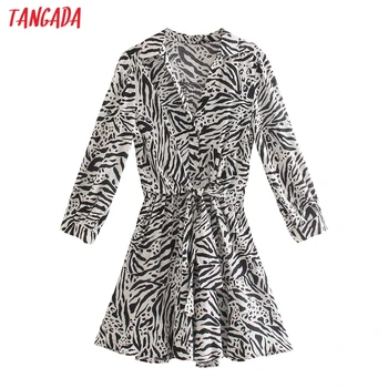 Tangada 2021 Moda za Ženske Živali Tiskanja Shirt Obleko z Lokom Letnik Dolg Rokav Dame Mini Obleka 4N49