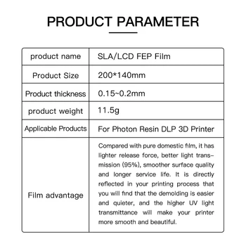 2PCS FEP Sprostitev Film, vključno z embalažo, 200x140x0.15 mm Visoka transparentnost in visoko temperaturno odpornost Za 3D Tiskalnik Deli 8240