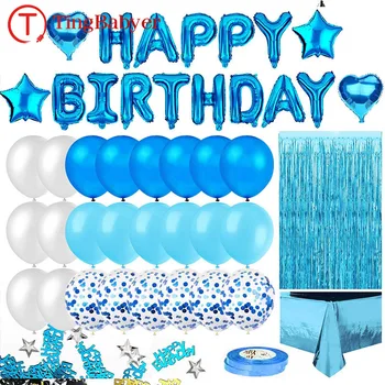 Modra Bonitete Zavese Folijo Prtom Latex Baloni Happy Birthday Party Okraski Za Odrasle Otroci Fant Princ Obletnico Dekor Človek