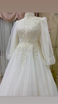 Dolg Rokav Muslimanskih Poročne Obleke za Neveste 2021 Maroški Caftan Žogo Obleke Visoko Izrez Appliques Poroke, Poročne obleke