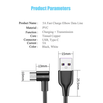 5A USB Tip C Kabel za 90 Stopinj Hitro Polnjenje Za Samsung Xiaomi Huawei Honor Mobilni Telefon, Polnilnik, Kabel USB, C Hitro Polnjenje Žice