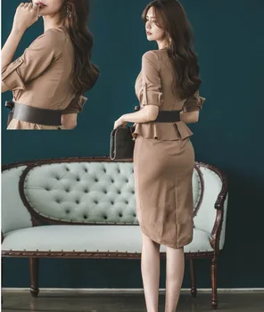 Pomlad korejska različica žensk slim Proti-vrat pasu pasu ponaredek dva kosa hip obleko