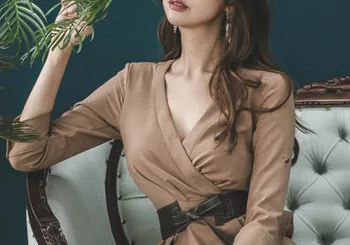 Pomlad korejska različica žensk slim Proti-vrat pasu pasu ponaredek dva kosa hip obleko