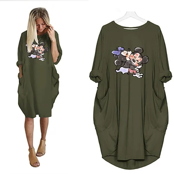 Mickey Midi Obleko Jeseni Obleke za Ženske Priložnostne Risanka Tiskanja Vestidos Dolg Rokav Svoboden Žepi Stranka Haljo Femme 86938