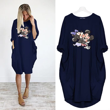 Mickey Midi Obleko Jeseni Obleke za Ženske Priložnostne Risanka Tiskanja Vestidos Dolg Rokav Svoboden Žepi Stranka Haljo Femme