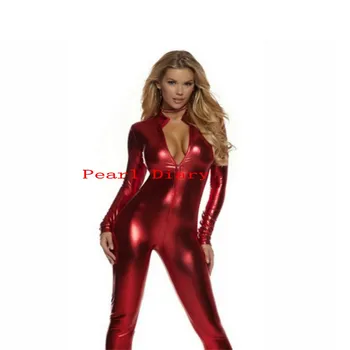 Blagovne znamke Seksi žensk Spandex Bleščeče Kovinsko Catsuit Zadrgo Spredaj Bodysuit Kožo Tesen Kostum