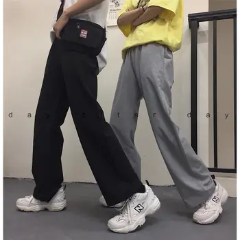 Korejski Harajuku vse-tekmo priložnostne hlače moški ženske letnik trdna ravne noge dnu oversize ljubitelje bf, tek široko noge hlače