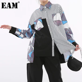 [EAM] Žensk Vzorec Natisnjene Modra Velika Velikost Bluzo New River Dolg Rokav Ohlapno Fit Majica Fashion Plima Pomlad Jesen 2021 1R70205