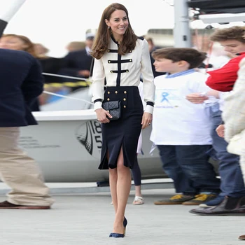 Kate Middleton Žensk Določa Moda Pomlad Novo Žensk Dolg Rokav Mozaik Rokavi In Gumb za Črno Krilo Elegantno Obleko, dvodelno,