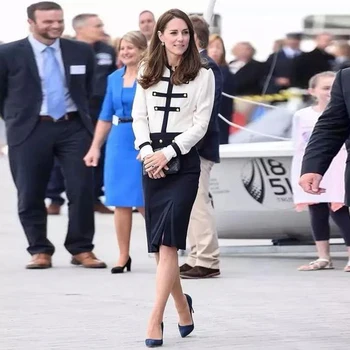 Kate Middleton Žensk Določa Moda Pomlad Novo Žensk Dolg Rokav Mozaik Rokavi In Gumb za Črno Krilo Elegantno Obleko, dvodelno,