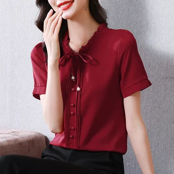 Korejski ženska Majica Šifon Bluze za Ženske Kratek Rokav Lace Majica Rdeče O-vratu Lok Bluzo Vrhovi Ženski 2021 Ženska Osnovne Majice