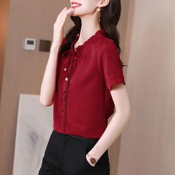 Korejski ženska Majica Šifon Bluze za Ženske Kratek Rokav Lace Majica Rdeče O-vratu Lok Bluzo Vrhovi Ženski 2021 Ženska Osnovne Majice