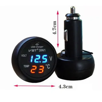 3 v 1 Digitalni Voltmeter Termometer 12V 24V Vžigalnik USB Avto Polnilec 5.0 Proti 2.1 (samo modro in rdečo barvo)
