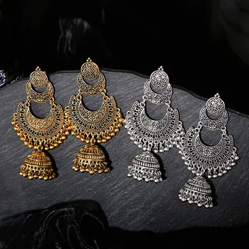 Indijski Uhan Žensk Golden Bell Tassel Jhumka Uhani Etnične Gypsy Zlato Zlitine Velik Krog Bell Spusti Uhan Modni Nakit