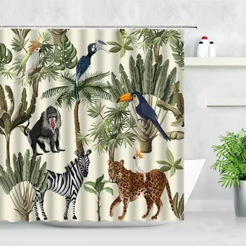 Tropska Rastlina, Tuš Zavese Ptica Opica Zebra Leopard Divje Živali, Drevesa 3D Tiskanja Nepremočljiva Kopel Zaslon Kopalnica Zavese Set